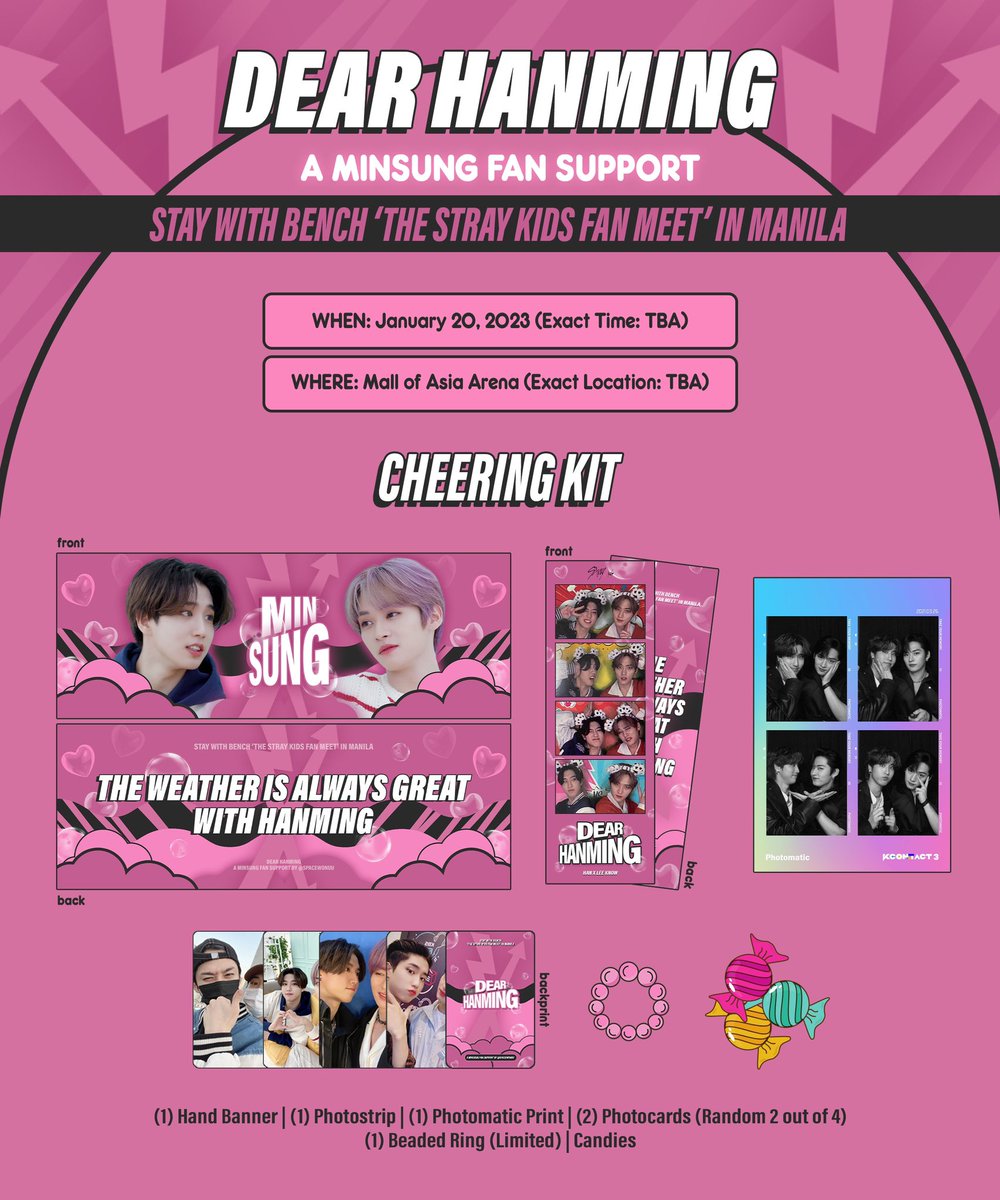 spacewonuu's tweet photo. 🎀 stay with bench <the stray kids fan meet> giveaway 🎀

DEAR HANMING
⁀➷ a minsung fan support by @spacewonuu

📆 — january 20, 2023
📍 — mall of asia arena
📁 — mechanics and guidelines are under this thread.

✎ . . . see you there, stays!

#StayWithBENCH #StrayKidsxBENCH https://t.co/FbWjzheMwN
