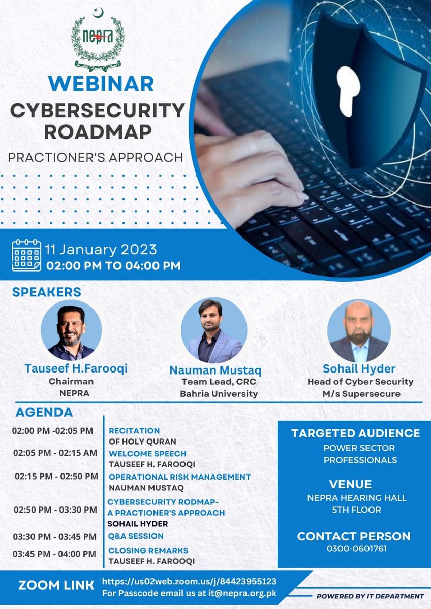 Supersecurepk's tweet photo. Mr. Sohail Hyder, Head of Cyber Security - Supersecure, is invited as Guest Speaker in the webinar on 'Cybersecurity Roadmap' organized by NEPRA. https://t.co/I9aki8qFUN