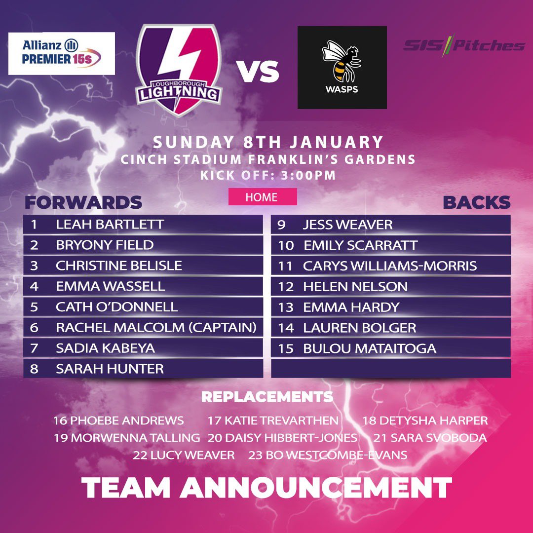 LightningRugby's tweet photo. ⚡️TEAM ANNOUNCEMENT
This is how we line up for Round 6 against @waspswomen
See you at Franklin’s Gardens!
#lborolightning #lightningrugby #premier15 #LOUWAS https://t.co/obYInqXHGZ