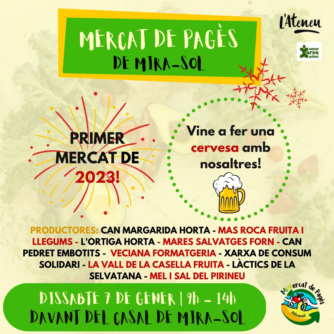 Dissabte 7/01 de 9h a 14:00h
📌Mira-sol

#Agroecologia #ComerçJust #Productesnaturals #Alimentsecològics #Alimentsdeproximitat #XarxadeConsumSolidari