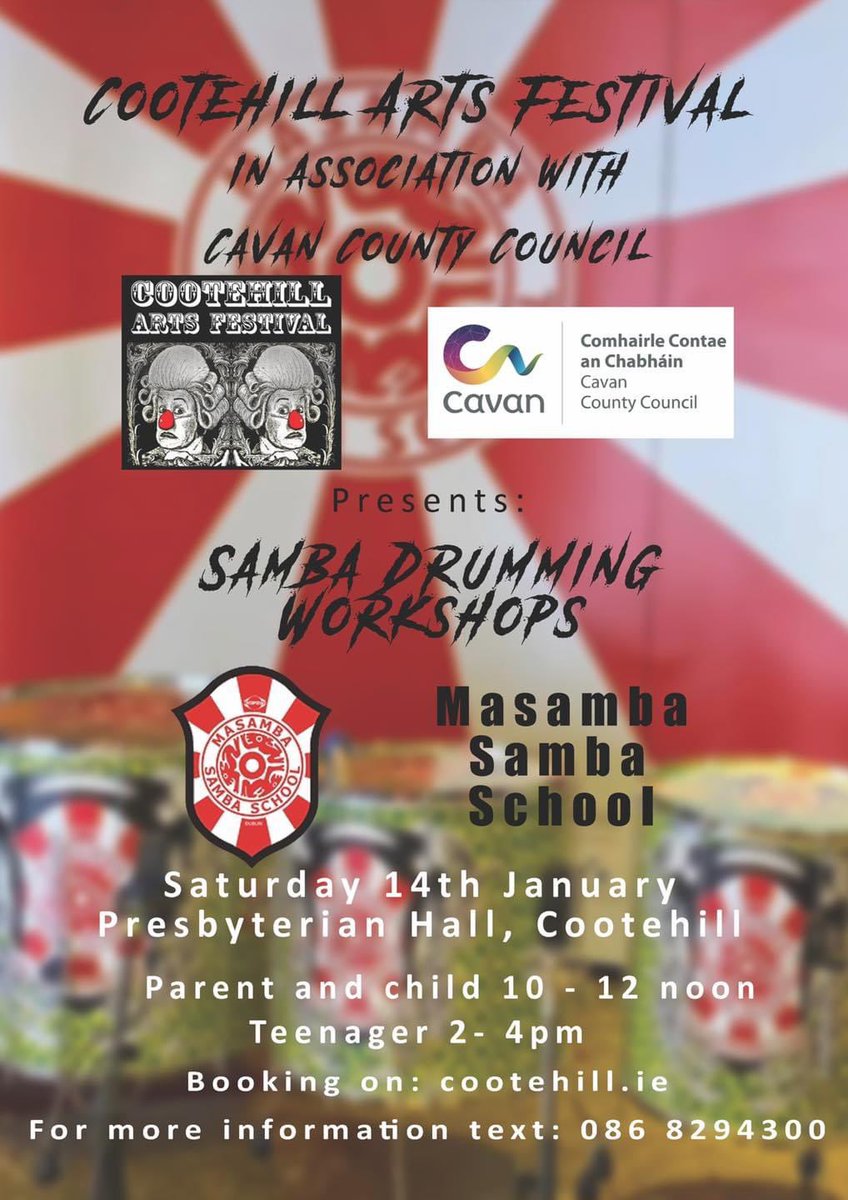 Cootehill Arts Festival (@cootehillarts) on Twitter photo With funding from <a href="/cavancoco/">Cavan County Council</a> we are running a samba drumming workshop Sat 14th in the Presbyterian hall. Booking opens this evening on cootehill.ie <a href="/masamba/">MaSamba Samba School</a> <a href="/CootehillC/">Cootehill Chamber</a> <a href="/StAidansCootehi/">St Aidan's Cootehill</a> <a href="/SMH_Redevelop/">St Michaels Hall Redevelopment</a> <a href="/theNSMonaghan/">The Northern Standard</a> #drums With funding from <a href="/cavancoco/">Cavan County Council</a> we are running a samba drumming workshop Sat 14th in the Presbyterian hall. Booking opens this evening on cootehill.ie <a href="/masamba/">MaSamba Samba School</a> <a href="/CootehillC/">Cootehill Chamber</a> <a href="/StAidansCootehi/">St Aidan's Cootehill</a> <a href="/SMH_Redevelop/">St Michaels Hall Redevelopment</a> <a href="/theNSMonaghan/">The Northern Standard</a> #drums