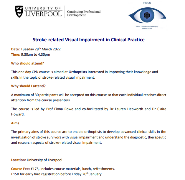 Liverpool stroke/vision course is to be run in March. #Orthoptists providing vision care of stroke survivors - booking here; payments.liv.ac.uk/short-courses/… @FollowBIOS <a href="/biosstrokeneuro/">BIOSstrokeneuro</a> <a href="/NeuroOrthoptics/">Neuro-Orthoptics</a> <a href="/cm_isdn/">C&M Integrated Stroke Delivery Network</a> <a href="/Daisyday22/">Elaine Day</a>