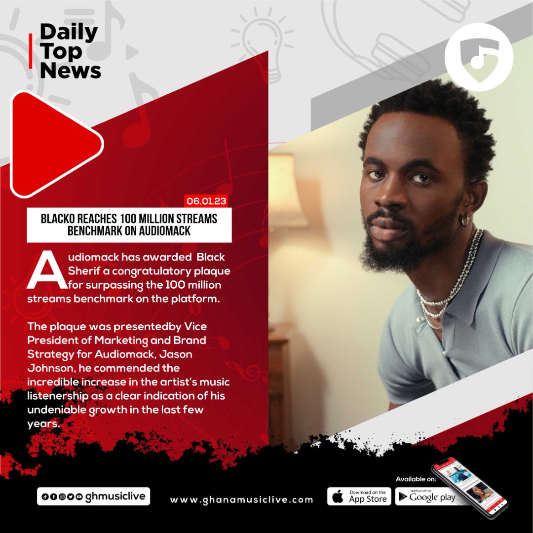 ghmusiclive's tweet photo. BLACKO REACHES 100MILLION STREAMS BENCHMARK ON AUDIOMACK

Audiomack has awarded  @blacksherif_ a congratulatory plaque for surpassing the 100 million streams benchmark on the platform.

#dailytopnews
#ghmusiclive
#letspaly https://t.co/Tob2mYzvoi
