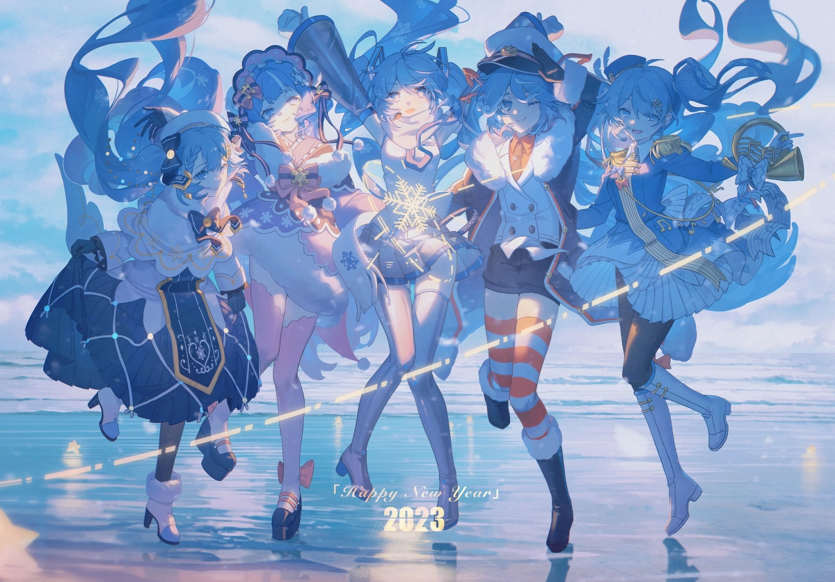 hatsune miku ,yuki miku epaulettes hat snowflake print twintails multiple girls blue hair light blue hair  illustration images