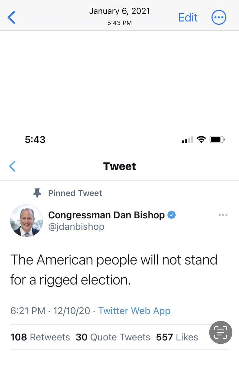 It’s the two year anniversary of a deadly coup attempt at the US Capitol and also of @RepDanBishop unpinning this tweet from his Twitter account after encouraging the insurrection by spreading election lies. @jdanbishop is an embarrassment to North Carolina. #ncpol