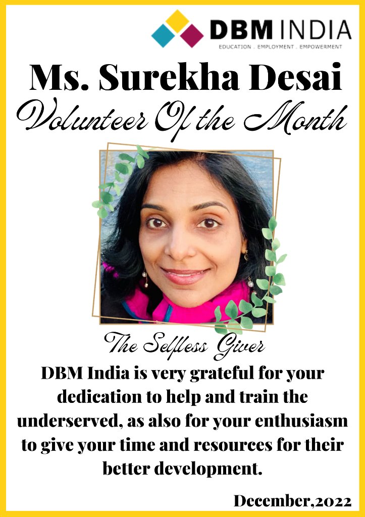 DBMission's tweet photo. Our volunteer of the month of December is Ms. Surekha Desai
Thank you for helping and training our students
#dbmindia #dbmteam #volunteer #volunteerofthemonth #supportingthecause #education #fothecause #december2022 #NGO #donate #community #giveback #love #support https://t.co/BPkxP8fsFA