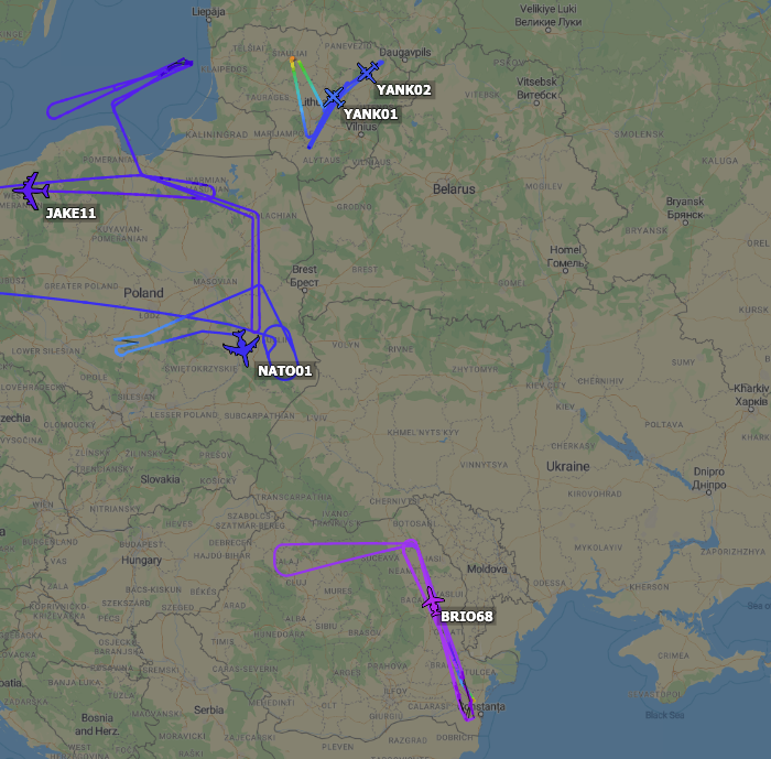 TheSnoopySnoop's tweet photo. Assets over Lithuania, Poland & Romania just now
#YANK01 Guardrail #AE515E 88-00325
#YANK02 Guardrail #AE1208 91-00516
#JAKE11 Rivet Joint #AE01CD 62-4138
#REDEYE6 Joint STARS #AE149A 02-9111
#NATO01 Sentry #4D03CA LX-N90452
#BRIO68 ARTEMIS #A60693 N488CR
#AvGeek #Planespotting https://t.co/SSwW1e2iVD