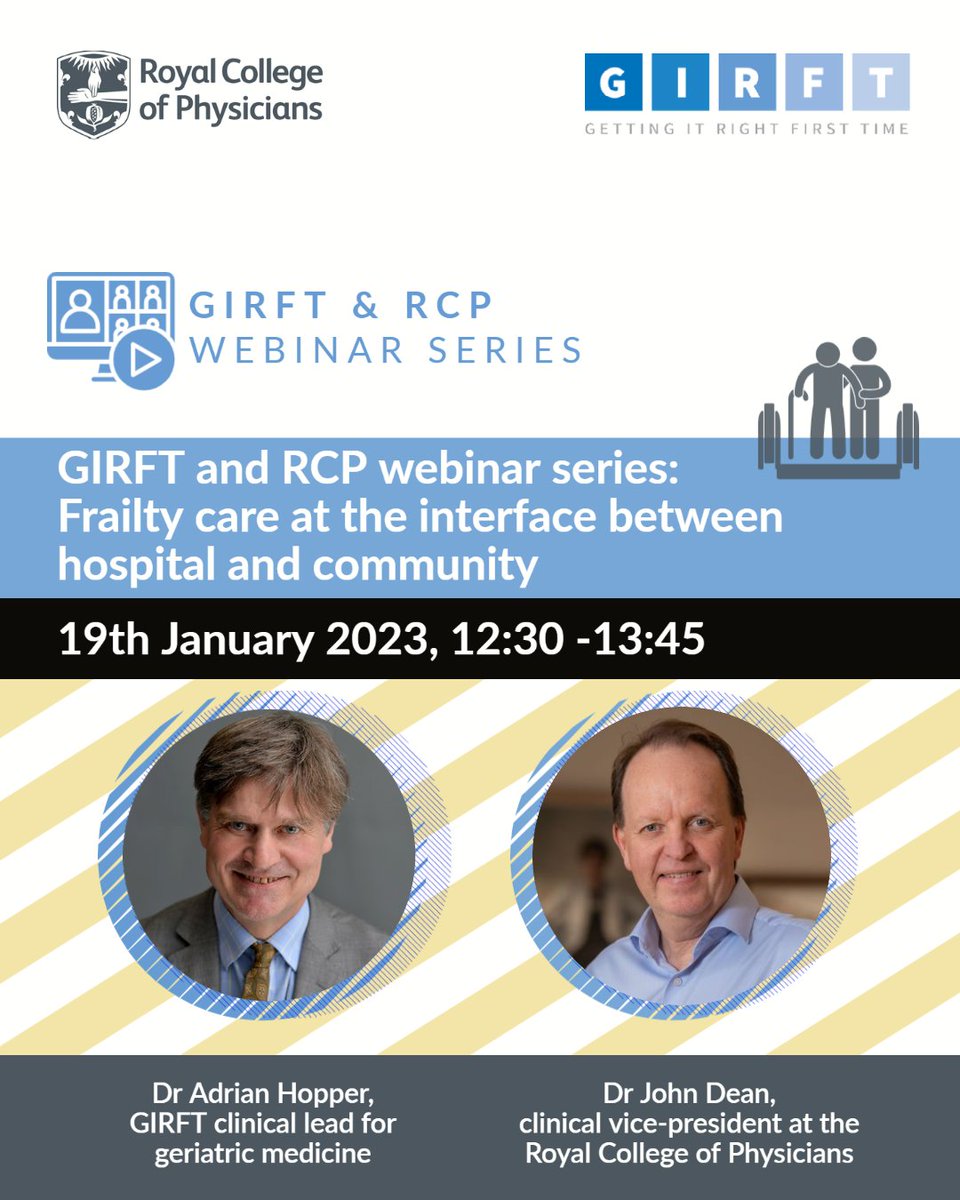 Getting It Right First Time (GIRFT) (@nhsgirft) on Twitter photo With an increasingly ageing and frail population, there are complex and persistent challenges faced by geriatric services.
GIRFT & <a href="/RCPhysicians/">Royal College of Physicians</a> are sharing good practice and national data-led insights at an upcoming webinar:
🗓️ 19/01
⌚️ 12:30
Register
bit.ly/3U01b1g With an increasingly ageing and frail population, there are complex and persistent challenges faced by geriatric services.
GIRFT & <a href="/RCPhysicians/">Royal College of Physicians</a> are sharing good practice and national data-led insights at an upcoming webinar:
🗓️ 19/01
⌚️ 12:30
Register
bit.ly/3U01b1g