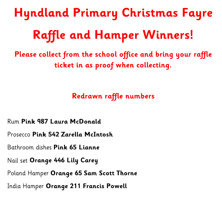 We have redrawn our uncollected raffle prizes from our Christmas Fayre and below are the numbers and names attached to the tickets. If you have won one of the prizes then please collect it from the school office by the end of the day on Wednesday the 11th of January.
