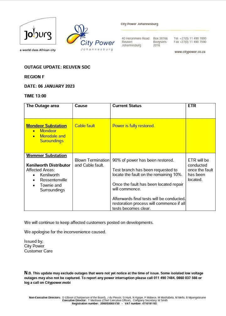 CityPowerJhb's tweet photo. Region F #Reuven
#MondeorSub: Full supply
#WemmerSub: Restoration rate is at 90%. ^NT https://t.co/ykskYB3sYL