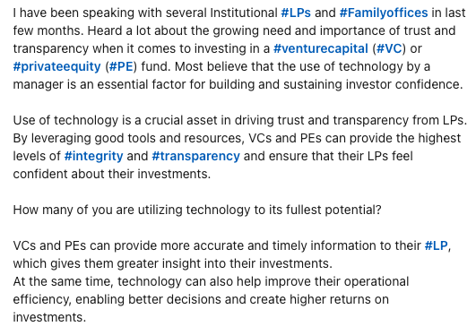 rakeshbhatia's tweet photo. Are you an #LP investing in funds or a #GP raising from or managing LPs, what's your experience with in terms of trust and confidence, asks about transparency and integrity while #investing or #fundraising?
#VentureCapital #privateequity #VC #PE #limitedpartner #generalpartner https://t.co/eDaHOmvAu1