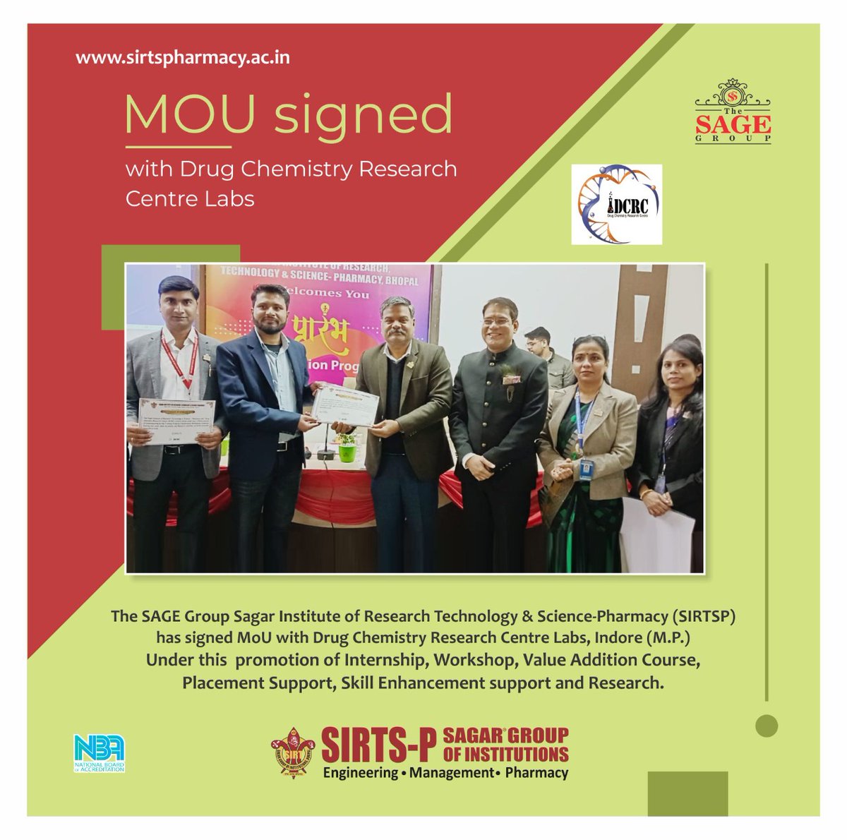 SIRT_BHOPAL's tweet image. Congratulations 💐💐 to SIRTSP for signing MOU with Drug Chemistry Research Centre Labs Indore MP.

#congratulations
#MoUSigned 
#sirtsp
#TheSageGroup 
#SAGEBHOPAL