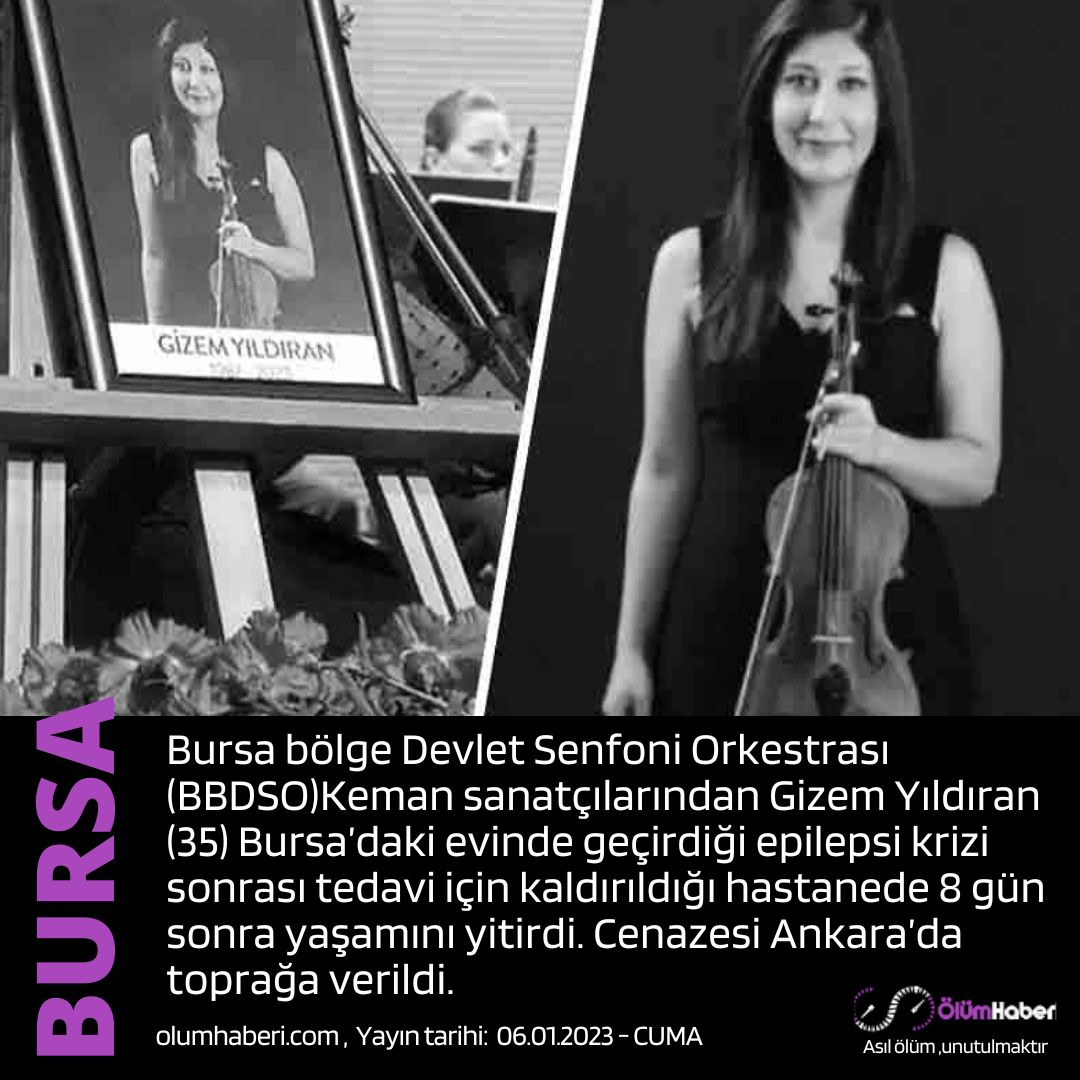 OlumHaberi's tweet image. Keman sanatçısı Gizem Yıldıran (35) Bursa’daki evinde geçirdiği epilepsi krizi sonucu yaşamını yitirdi.
olumhaberi.com/keman-sanatcis… #keman #gizemyıldıran #vefat #bursa #Ankara #senfoni