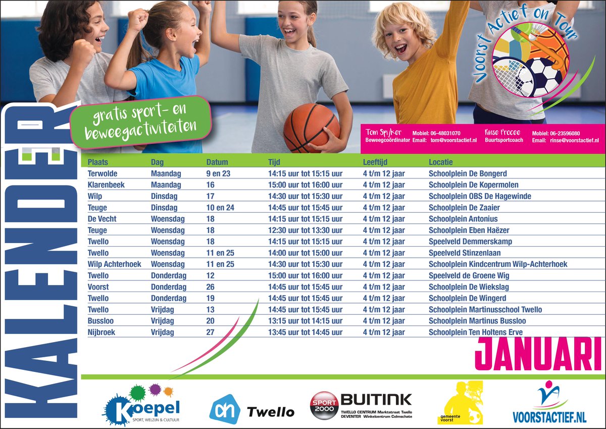 𝗞𝗮𝗹𝗲𝗻𝗱𝗲𝗿 𝗩𝗔 𝗼𝗻 𝗧𝗼𝘂𝗿!
De scholen gaan weer beginnen en daarmee trekt ook onze #Beweegbus weer door de Gemeente Voorst. Check de kalender om te zien waar Voorst Actief on Tour dagelijks staat: