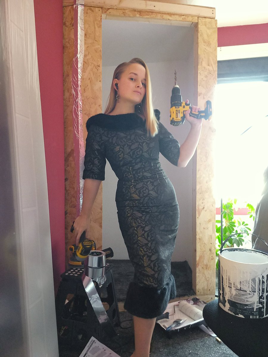 My recording booth build is going well. Happy Formal Friday! 💃🏼👷‍♀️🎙

Model: <a href="/HuskyVinclaire/">Kathryn Vinclaire 🎙️</a>
Dress: Collectif
Perfume: <a href="/CHANEL/">CHANEL</a>
Tools: <a href="/DEWALTtough/">DEWALT</a>
Tape: <a href="/BandQ/">B&Q</a>
Paint: <a href="/Wickes/">WICKES</a> 

#voiceover #audioproduction #gamedeveloper #IndieGameDev #homestudio #recording #DIY