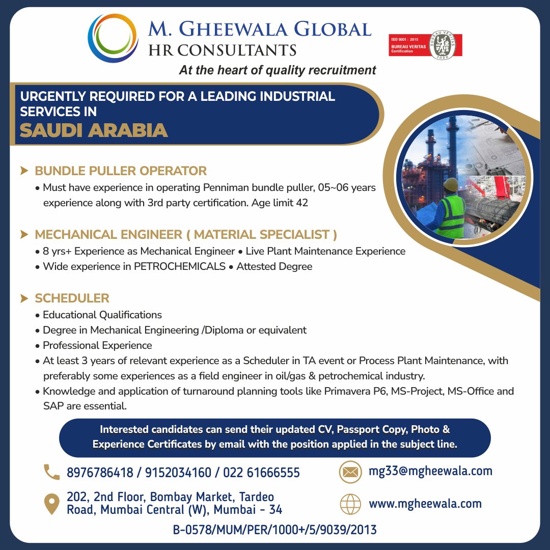mgheewala_hrc's tweet photo. Job Vacancies for #Saudiarabia

Interested Candidates can send the updated resume to mg33@mgheewala.com

Learn More https://t.co/Ps4bxv2mB1

#pulleroperator #bundlepuller #engineer #mechanicalengineer #materialspecialist #plantmaintenance #scheduler #oilgas #saudijobs https://t.co/5857E6RRxS