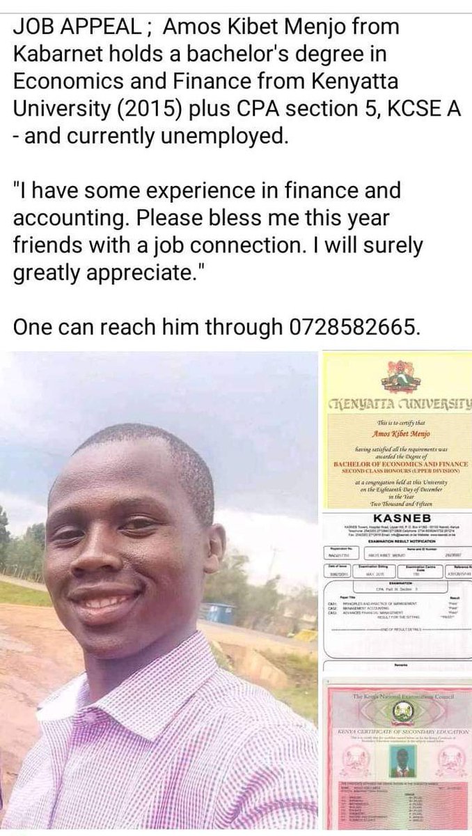 SeniorBarrack's tweet photo. Kenyans, kindly retweet this so that our friend Amos Kibet can get someone to connect him with a job. Retweet widely https://t.co/M1ffYq2dTO
