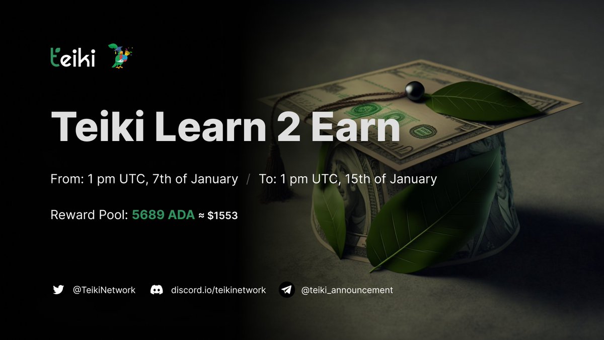 KreatePlatform's tweet photo. 🚀#Teiki Learn2Earn is starting soon! 

🎓 Learn more about Teiki, #Cardano, and #AI to earn $ADA rewards. 

To participate, quote retweet this with #TeikiL2E and start learning now!

More detail: https://t.co/IAl2XzZ3re

🌱#Cogrow  #Cardano https://t.co/8dktwbDHwY