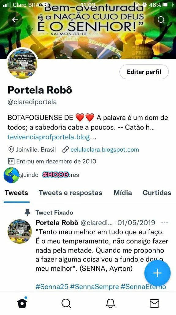Portelarobo's tweet photo. Portela Robô foi permanentemente suspensa e o Twitter simplesmente ignora os questionamentos do porque??? Essa é a Democracia no Brasil, esses são os direitos que o  #povobrasileirosoberano está perdendo todos os dias.  Bora pras ruas/QG resgatá-los #DeusPatriaFamiliaLiberdade https://t.co/zTrXJYJKDE