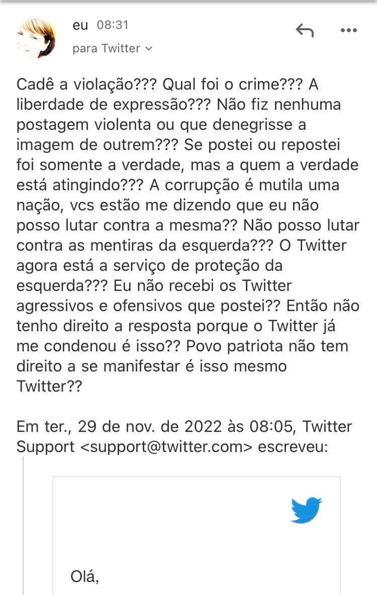 Portelarobo's tweet photo. Portela Robô foi permanentemente suspensa e o Twitter simplesmente ignora os questionamentos do porque??? Essa é a Democracia no Brasil, esses são os direitos que o  #povobrasileirosoberano está perdendo todos os dias.  Bora pras ruas/QG resgatá-los #DeusPatriaFamiliaLiberdade https://t.co/zTrXJYJKDE