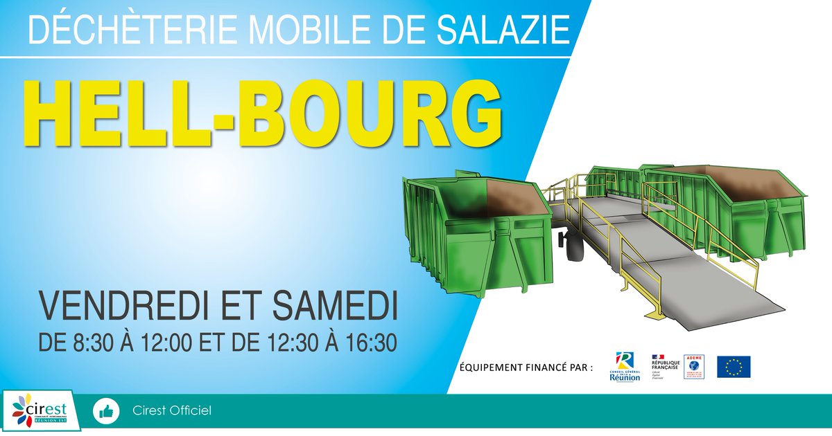 #environnement #salazie 
Déchèterie mobile de Salazie à Hell-Bourg ce vendredi 06 et ce samedi 07 janvier 2023.
