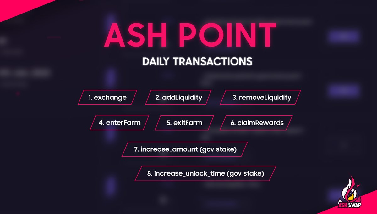 ash_swap's tweet photo. Everyday you can earn🔥400 #ASH_point 🔥by doing each daily transaction on #AshSwap protocols, as below:
- exchange
- addLiquidity-removeLiquidity
- enterFarm-exitFarm
- claimRewards
- increase_amount (gov stake)
- increase_unlock_time (gov stake)
👉 https://t.co/B2DAF5rUyI https://t.co/R3UqwBQqQk