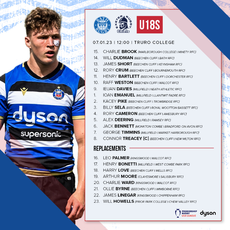 BathRugby's tweet photo. Bath Rugby U18 are back in Academy League action tomorrow! 🏉 

They will kick-off at Tregye Campus (Truro College) against Exeter Chiefs at midday! 💥 

Best of luck lads, go well 🔵⚫️⚪️