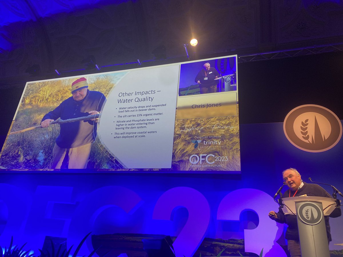 Chris Jones sharing the positive effects the introduction of beavers to his land have had - protection against flooding downstream, as well as protection against drought to name a couple BUT also the need to be aware of where conflicts may arise #OFC23