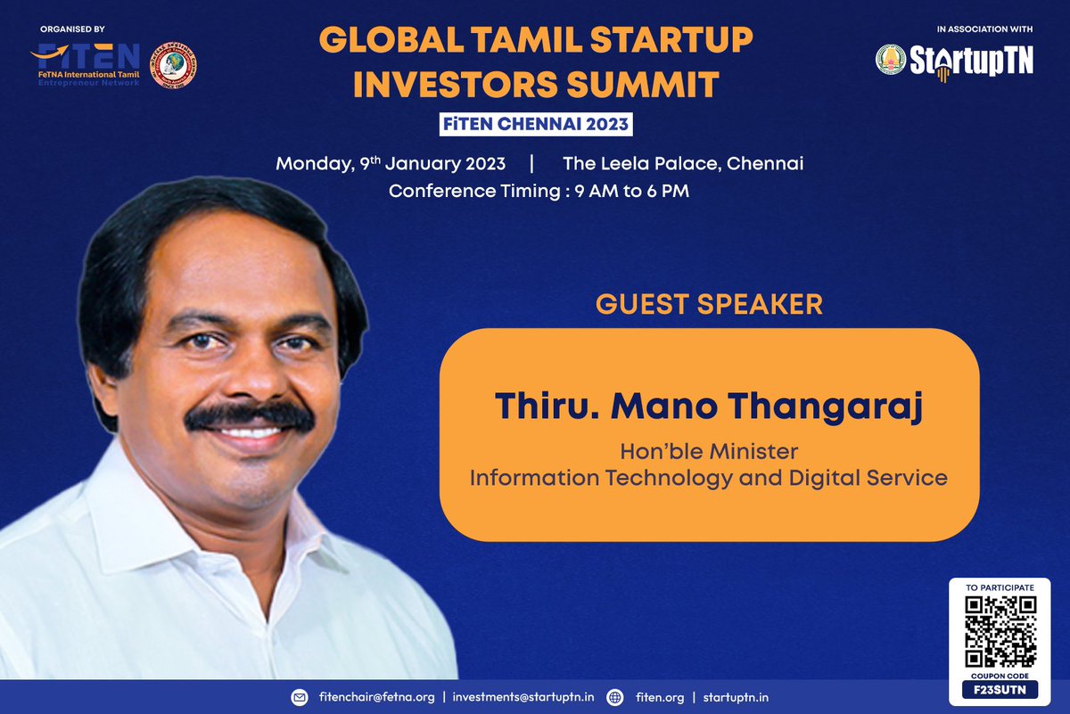 TheStartupTN's tweet photo. Listen to Hon'ble Minister for Information Technology and Digital Services Thiru Mano Thangaraj at the Global Tamil Startup Investors Meet. Watch this space for updates.

To Participate - https://t.co/O7nbRRCoCw
For investor pitching - https://t.co/ICvtvr0TTf
Coupon code -F23SUTN https://t.co/LlkeB7ogVa