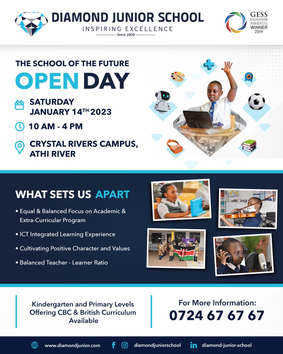 Diamond Junior School cordially invites you to our Open Day on Saturday 14th January 2023 10 am to 4 pm at the Crystal Rivers Campus.

Please come meet our team

To register, kindly click on the link - bit.ly/djsCrystalRive…
#InspiringExcellence
#Schoolofthefuture
#CrystalRivers