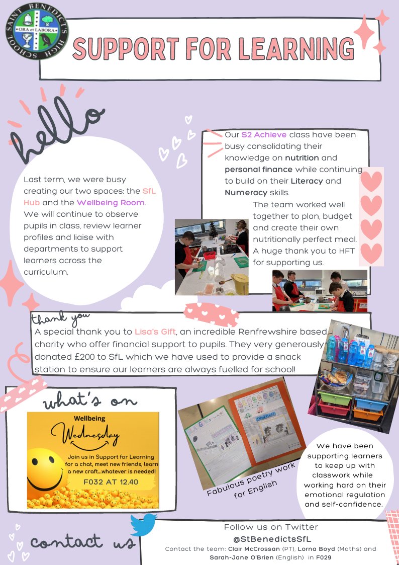 StBenedictsSfL's tweet photo. Happy New Year! Here's a little glimpse into last term in SfL at St Benedict's. We have lots more planned for 2023! @stbenedictsren #supportforlearning #newgoals https://t.co/KobuEDloUX