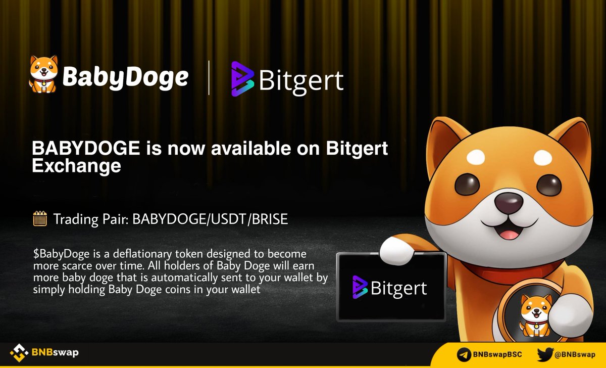 BNBSwap's tweet photo. 📢 @babydoge $BABYDOGE is now available on @bitgertbrise Exchange!

✅Trading Pair: #BABYDOGE/#BRISE

Trade👇
https://t.co/kRhhUbOdQ6

#Bitgert, a #crypto engineering organization that has built a super-fast blockchain, which has +100k TPS &amp; has zero cost gas fee

#BRISE $BNB https://t.co/Me5ITUSI3Y