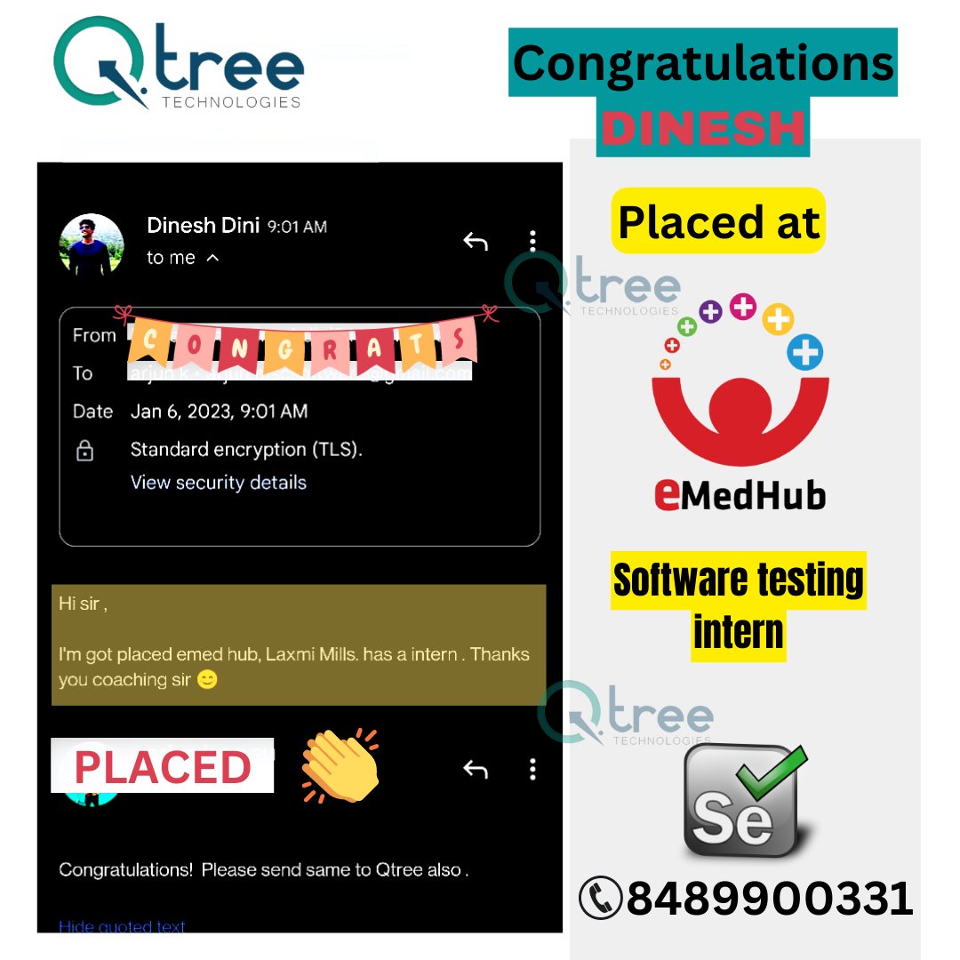 Qtreetech's tweet image. Congratulations Dinesh for getting placed In Software Testing as Intern. He Completed Software testing Course @ Qtree Technologies Ramnagar Coimbatore. We Offer 100% Job Assurance Courses.Kindly Contact us +91 8489900331 #sofwaretesting #Offerletter #qtreetechnologiesofferletter
