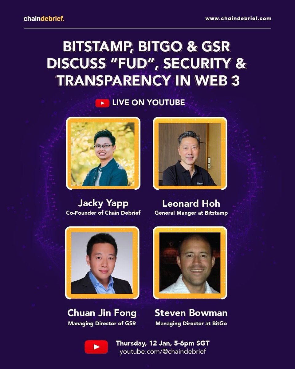 RobinhoodCrypto's tweet photo. FUD, security, transparency &amp; Web3.
Catch @Len_hoh (@Bitstamp APAC GM), Chuan Jin (C.J) Fong (@GSR_io) &amp; Steven Bowman (@BitGo) live on YouTube discussing how these topics will impact crypto in 2023.

When: 5 pm SGT (10 am CET), Jan 12 2023
Where: https://t.co/0AM9sbXZ6Y https://t.co/VB4P92T0wF
