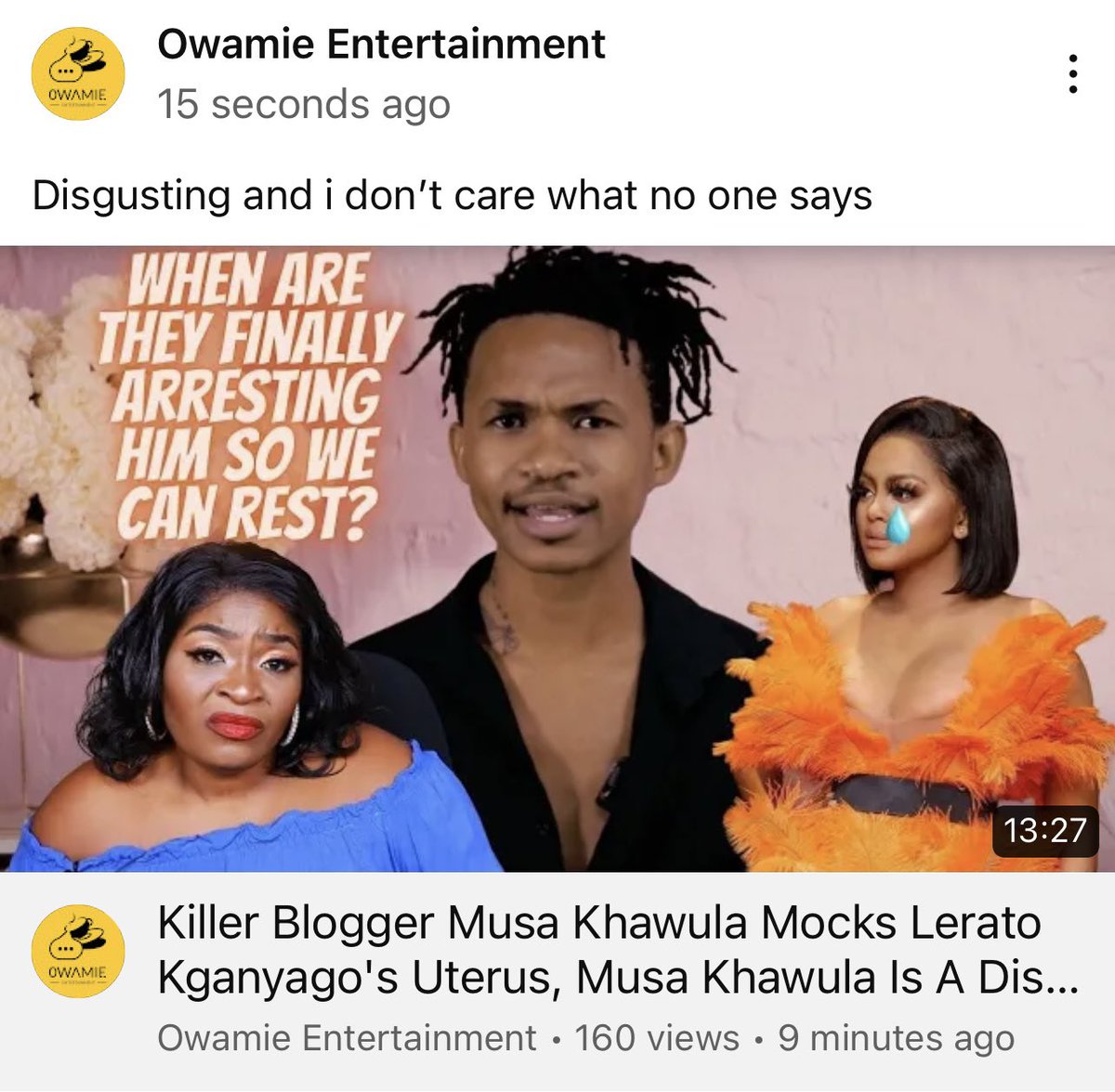 Boldly_Owamie's tweet photo. Killer Blogger Musa Khawula Mocks Lerato Kganyago's Uterus, Musa Khawula... https://t.co/PNcakkIJv3 via @YouTube
#MusaKhawula #leratokganyago #owamie #youtube #MampintshaMemorial #Mampintsha #Shimora #babeswodumo https://t.co/xLgVSfwnyF
