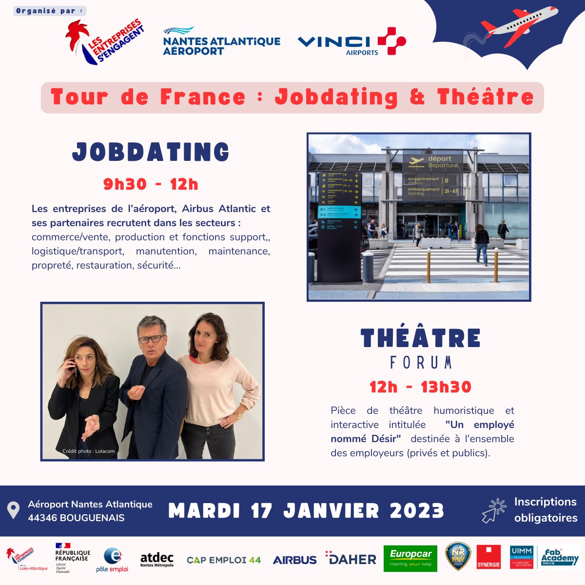 Girpeh's tweet photo. @LaCL2E organise un "Jobdating &amp; Théâtre" en partenariat avec le GIRPEH, Cap emploi 44, @poleemploi_PDL, l'Aéroport Nantes Atlantique &amp; @VINCIAirports !

📆Mardi 17 Janvier, de 9h30 à 13h30 
✈️Aéroport Nantes Atlantique

Inscrivez-vous !⬇️
https://t.co/BGU1oO7VNA https://t.co/y1dKqpEDld