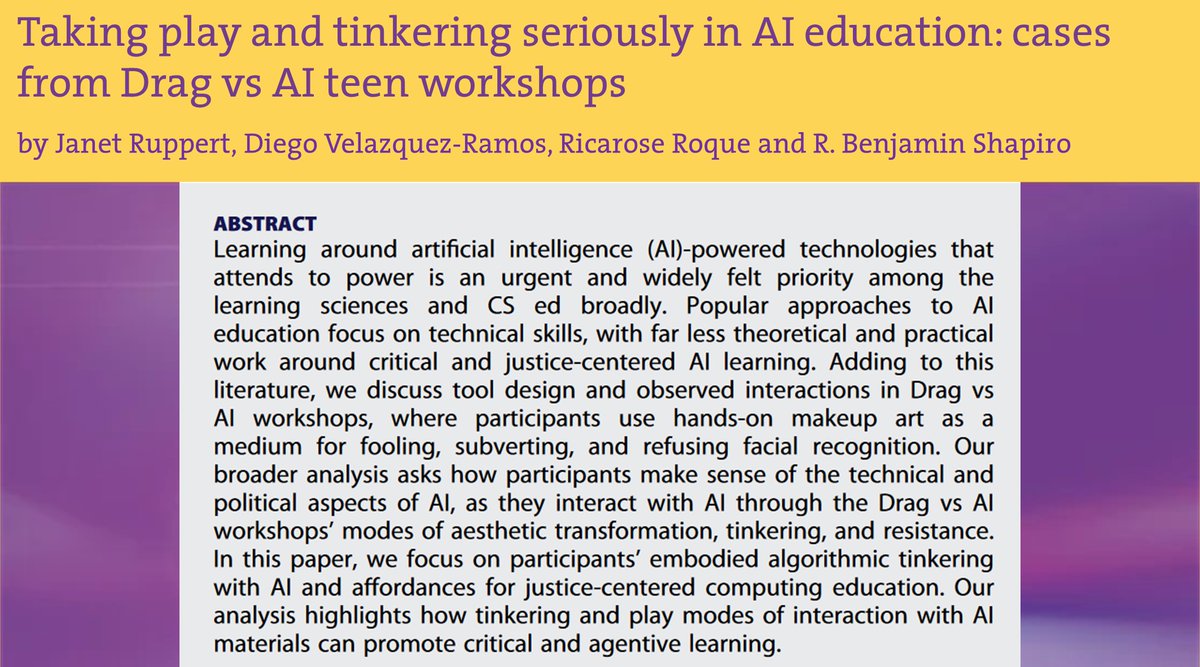 🟨#NewPublication in #LMT🟪 In their observational study of two Drag vs AI workshops @astrojanet, D. Velazquez-Ramosa, @ricarose & R. B. Shapiro present tinkering as a valid, productive methodology for critical AI learning. Read more: doi.org/10.1080/174398…