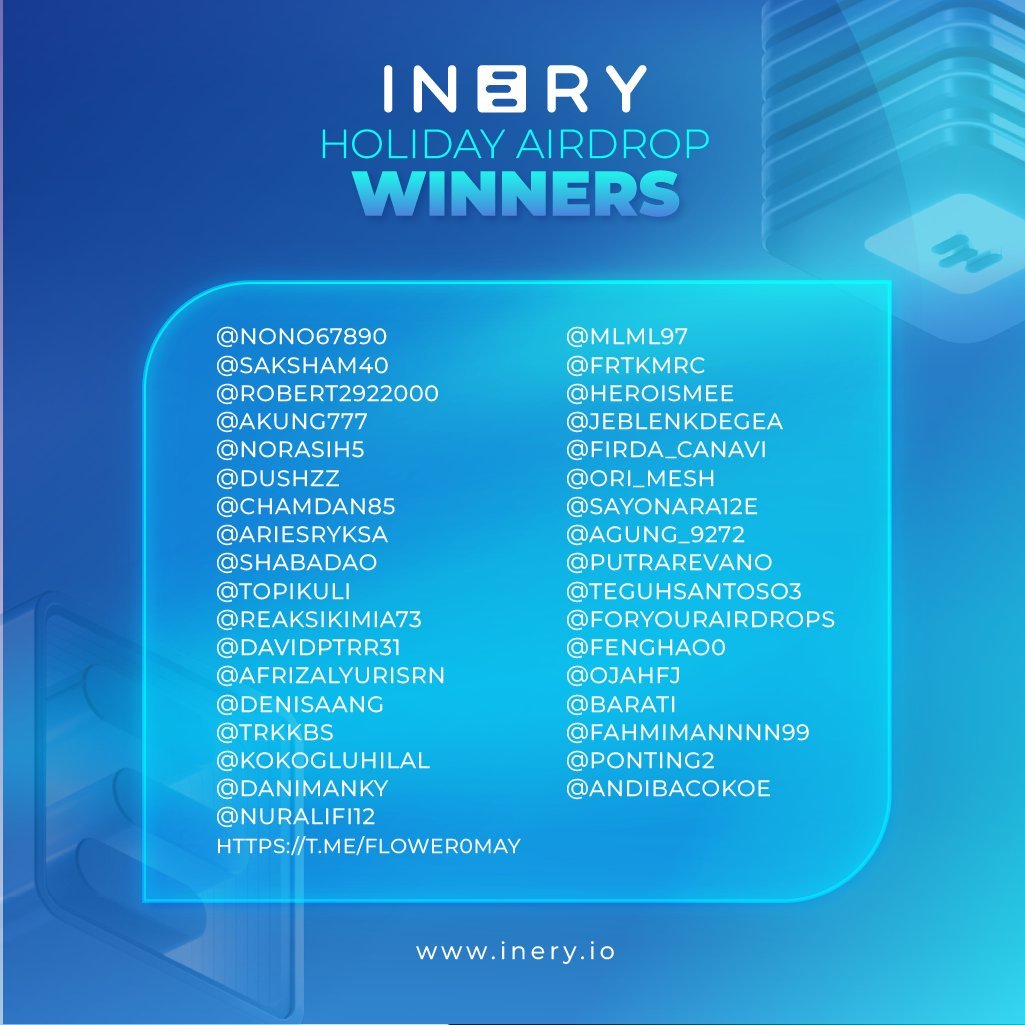 xeyalall's tweet image. Inery Holiday Airdrop Winners 🔥🎉

İnery bayram airdropunun qalibləri. 
#Airdrop  #inery #ineryblockchain #INR #drtestnet #web3 @inery_naveen @IneryBlockchain