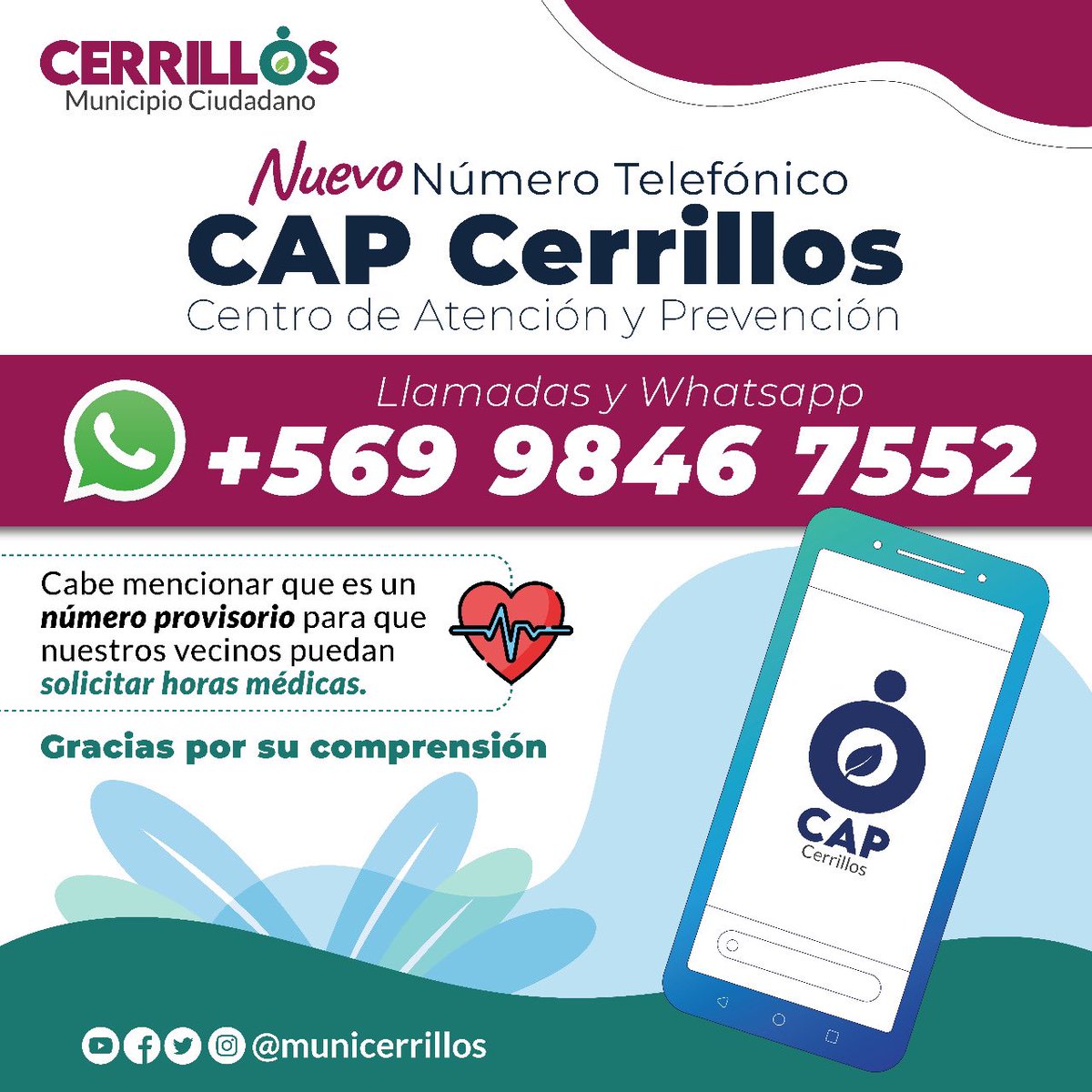 MuniCerrillos's tweet photo. Información importante del Centro de Atención y Prevención CAP 🙌🏻☎️👍.
Comparte el nuevo número 😉. 

@facuse_lorena 
#MunicipioInforma #CerrillosParaTodasyTodos #MunicipioCiudadano #NuevoNúmero https://t.co/4kYoh5zErs