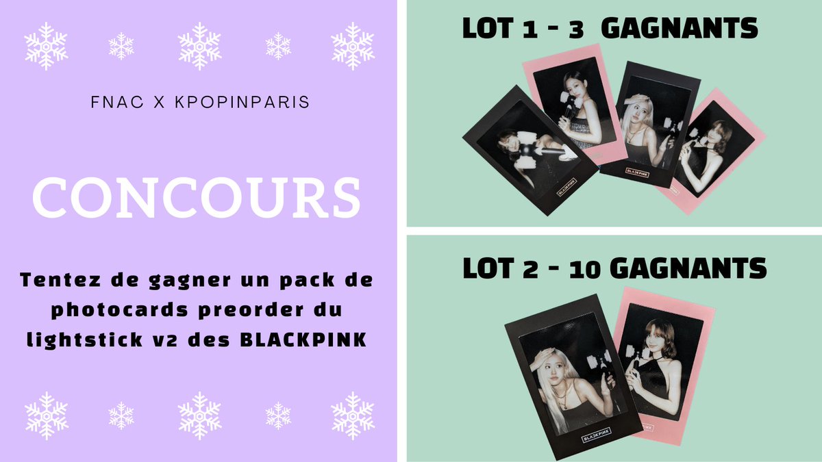 KpopInParis's tweet photo. [ CONCOURS x FNAC ] 

Tente de gagner des packs de photocards preorder lightstick de Blackpink ✨ 

➡️ follow @kpopinparis et @Fnac
➡️ like + RT 
➡️ Dis nous ta chanson préférée du groupe ! 
⬇️ https://t.co/pXaLQmUf5C