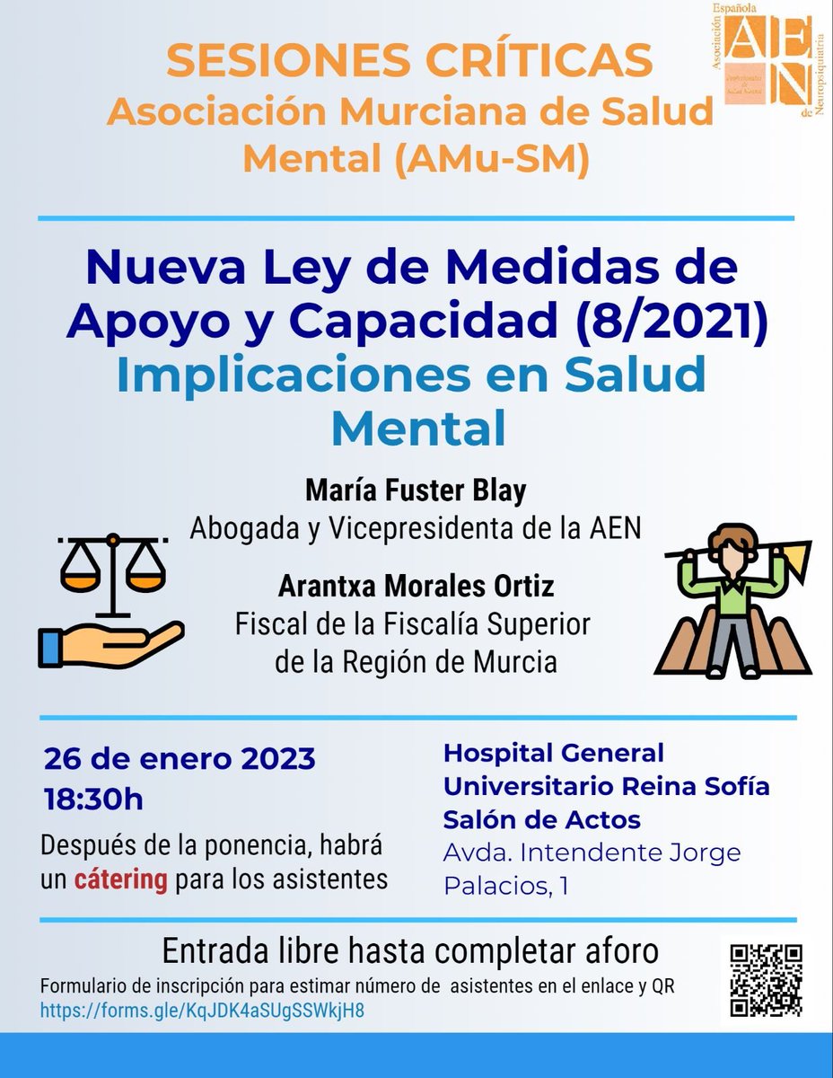 penchovi's tweet photo. 🗓️26-1-2023. Nueva ley de Medidas de Apoyo y Capacidad (8/2021). Implicaciones en la salud mental. María Fuster Blay. Abogada y Vicepresidenta AEN. Arantxa Morales Ortiz. Fiscal Fiscalía Superior de la Región de Murcia. Inscripciones: https://t.co/CbKhYqoz0c https://t.co/dZUoK8ZIZh