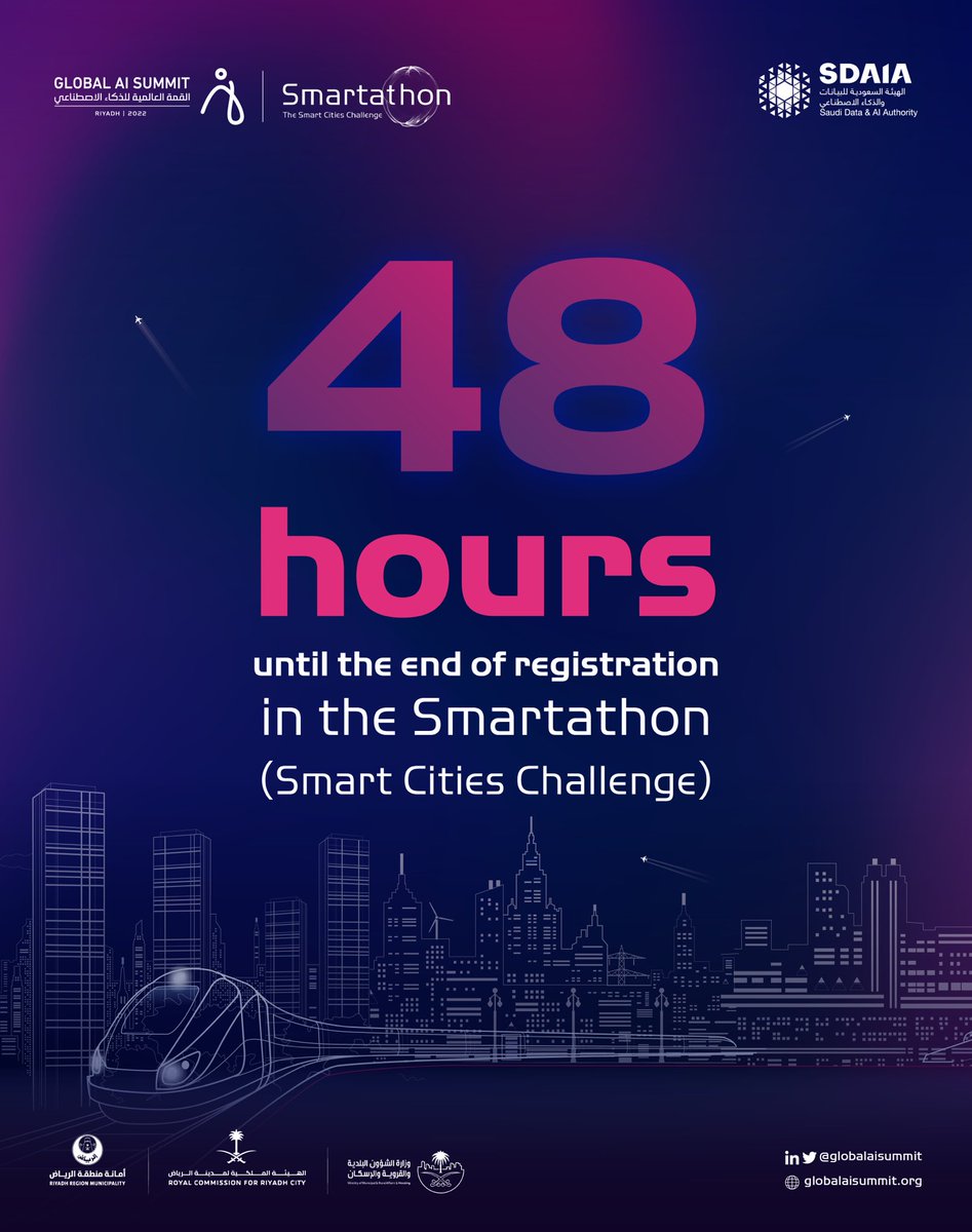 globalaisummit's tweet photo. Be part of the future of Smart Cities in Saudi Arabia..
48 hours until the end of registration in the #Smartathon (Smart Cities Challenge)
Sign up now:
https://t.co/1xAQOGWdei https://t.co/nwAb0r02Al