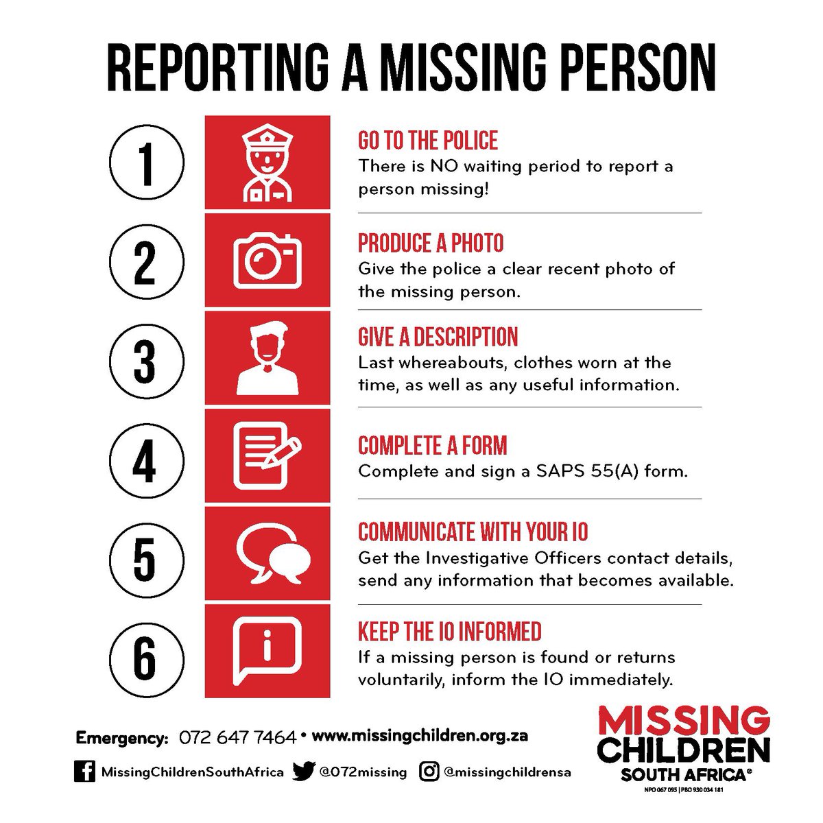 072MISSING's tweet photo. Do you know exactly what to do #WhenAChildGoesMissing?

Follow these 6 steps below👇🏼 and remember, there’s #NoWaitingPeriod - go to your nearest police station as soon as possible!

Please do consider assisting #MCSA financially. Click on the link in our Bio, to see how 🙏 https://t.co/ppqgvbTsoU