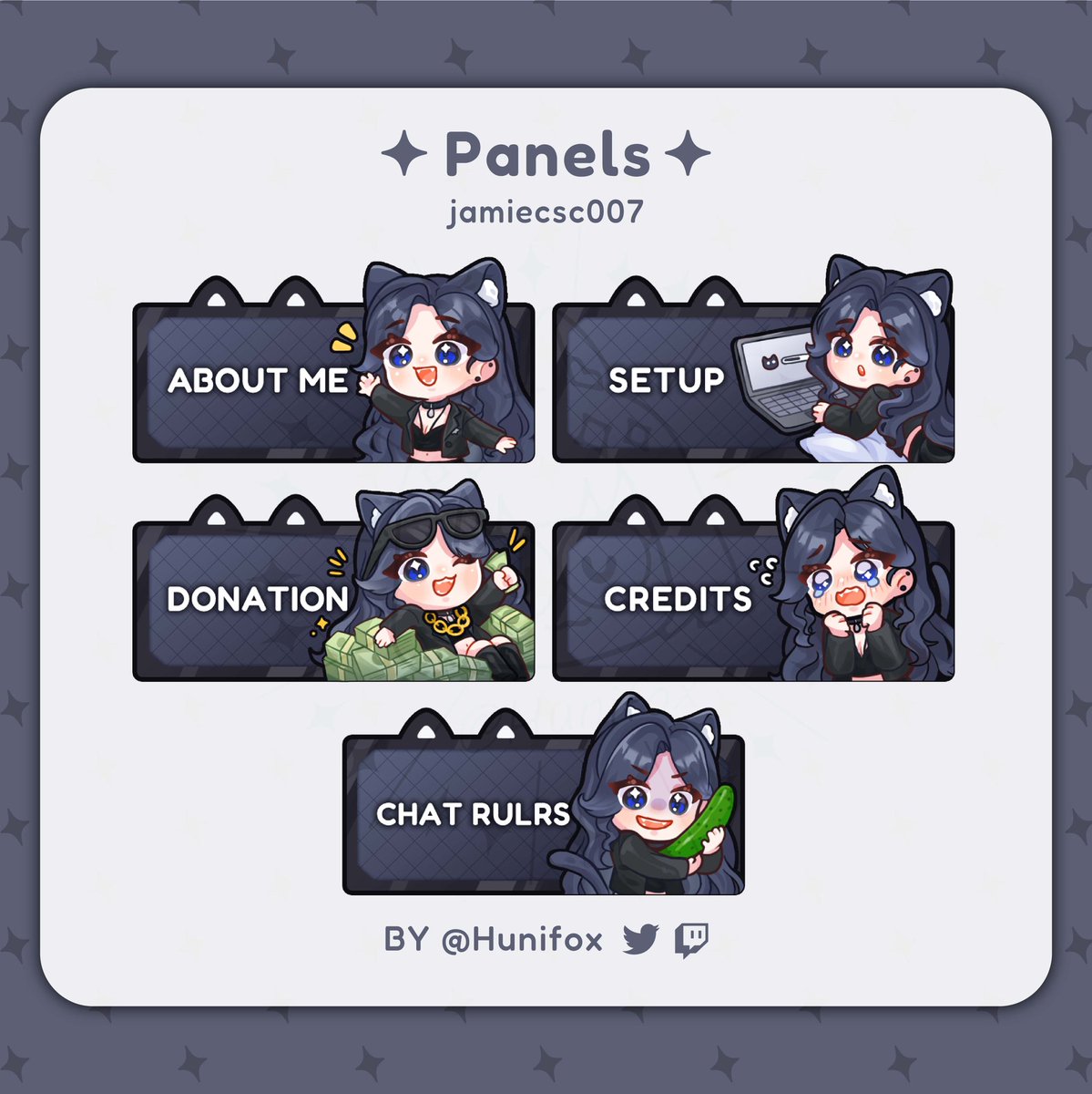 Hunifox's tweet photo. ✨委託展示✨
這次繪製了J米新形象的資訊欄
留給我很多自由發揮的空間,超感謝(ง •̀_•́)ง💛
Panels for @/jamiecsc007
Thank you very much for your support(*´▽`*)
#湖尼委託 #Hunicomm #twitch https://t.co/6KuYgXwfTa