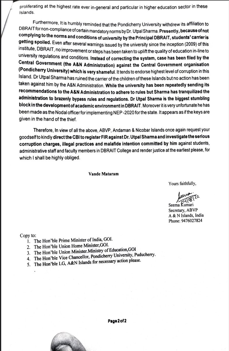 Inspite of various requests from ABVP, the <a href="/Andaman_Admin/">Andaman and Nicobar Admn</a> failed to take any action against the corrupted principal.