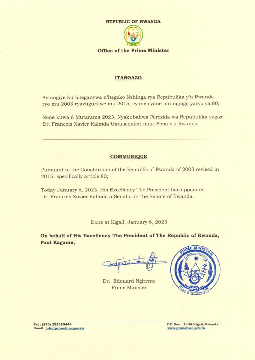 PrimatureRwanda's tweet photo. Itangazo riturutse mu Biro bya Minisitiri w'Intebe | Communiqué from the Office of the Prime Minister https://t.co/buQv0olJwK