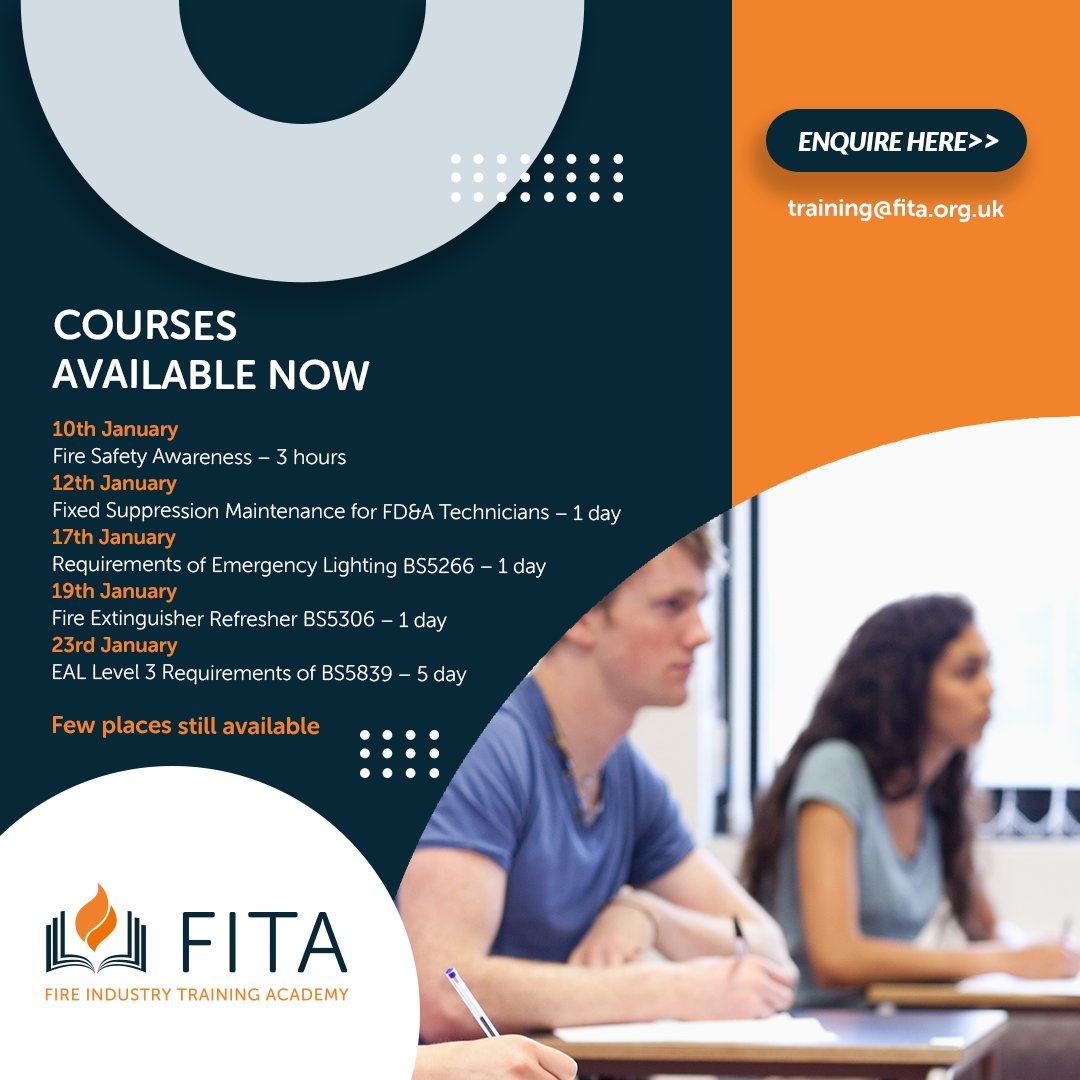 FITA_fire's tweet photo. January Course Availability
We are running numerous courses in January 2023.
Please contact our team in advance for availability.
https://t.co/19iCbRyexl
#fireawarenesscourse #fixedsuppressioncourse #emergencylightingcourse #fireextinguishercourse #ealcourse #firequal https://t.co/VdYOFZL1At