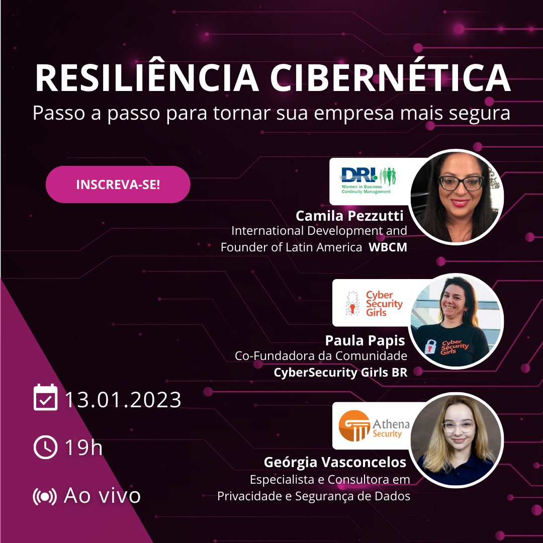 Athena_TI's tweet photo. Juntamo-nos a CibersecurityGirlsBR e a Women in Business Continuity Management para apresentar quais são as etapas para evoluir a maturidade em segurança.

📆 13.01 ⏰ 19h
🔴 Ao vivo no Instagram @CibersecurityGirlsBR

Quer receber o aviso? Inscreva-se: https://t.co/4RRdn7dHJj https://t.co/bzt7rERpTY