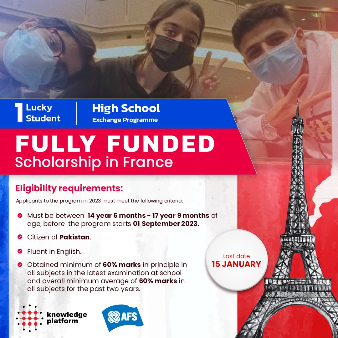 KPLearning's tweet photo. #KnowledgePlatform in collaboration with #AFS brings you #AFSFrance Scholarship 2023. One Pakistani student will have the opportunity to travel to France for a #highschoolexchangeprogram on a fully-funded scholarship.
Apply now: https://t.co/xuIiwP1n33
#Edtech #scholarship https://t.co/Yhap69gDMm