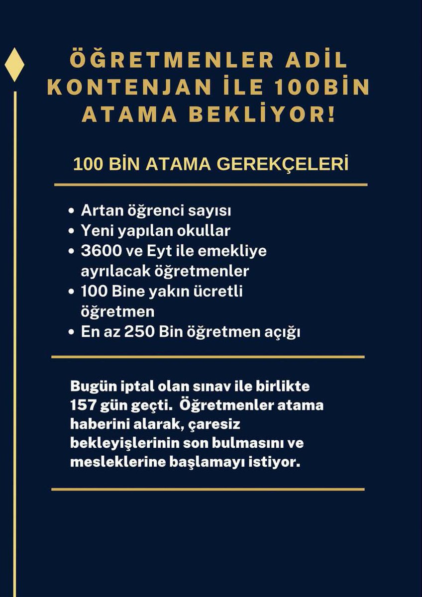 1) Sevgili arkadaşlar,

Bir konuyu gündeme getirmek için #Gündem100BinÖğretmen etiketiyle yazmak istiyorum.

Öğretmenler bana ilişikteki bilgileri gönderdiler.

Söylememe gerek var mı bilmiyorum ama öğretmenler konusunda ülke olarak iki tane sorunumuz var+